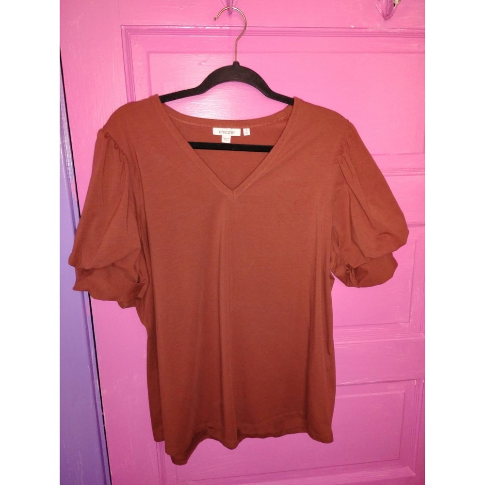 Chico's Puff Sleeve V Neck Stretch Top Boho Rust Orange Brown Size 3 3X